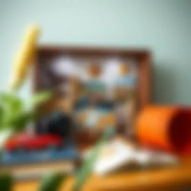 Creative shadow box showcasing travel souvenirs and photographs