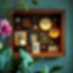 Artistic arrangement of a shadow box featuring vintage memorabilia