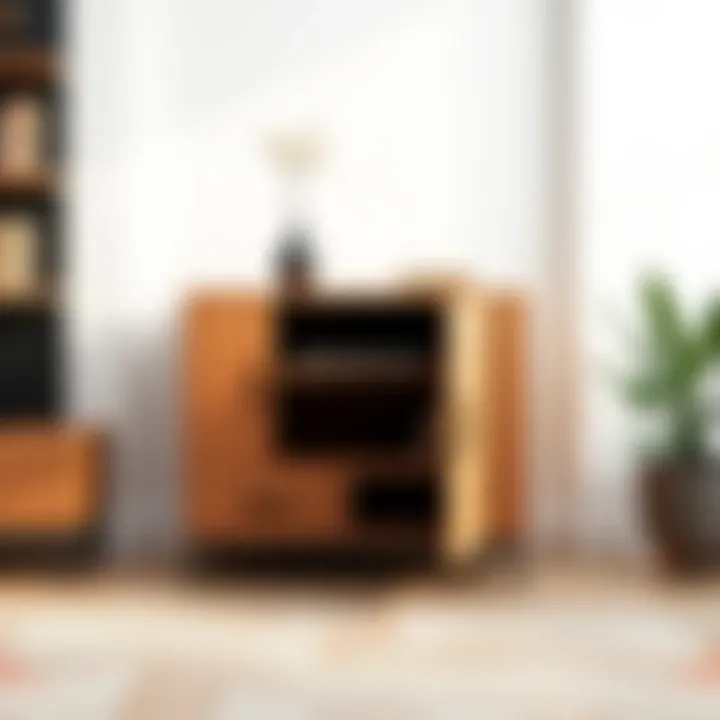 Stylish design of a short DVD storage cabinet against a minimalist backdrop