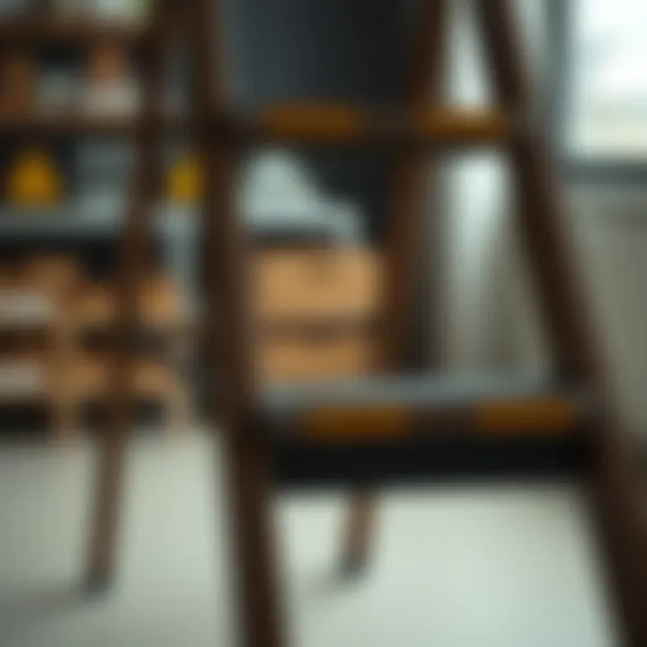 Close-up of safety features on a three-tier ladder