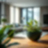 Modern living room featuring large saucer pots with greenery