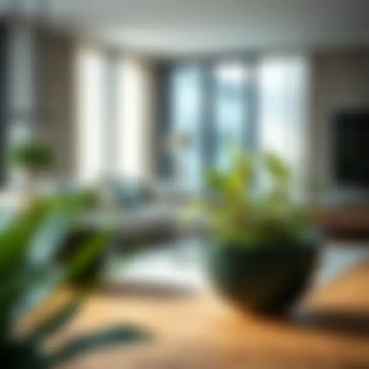 Large Saucer Pots in Contemporary Living Room Modern living room featuring large saucer pots with greenery