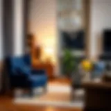 Navy Blue Patterned Accent Chair in Modern Decor Elegant navy blue patterned accent chair in a modern living room setting