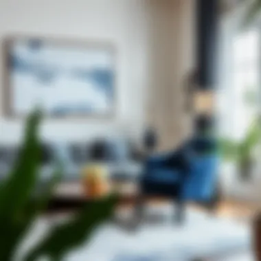 Complementary Furnishings with Navy Blue Accent Chair Navy blue accent chair paired with complementary furnishings in stylish room