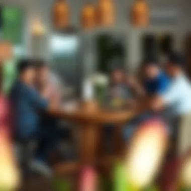 Family gathering around a six-seat folding dining table, emphasizing social interaction