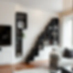 Stylish stairway black wall mounted bookcase showcasing design elegance