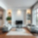 Modern Living Room with White Corner Shelving Elegant white corner shelving unit in a modern living room