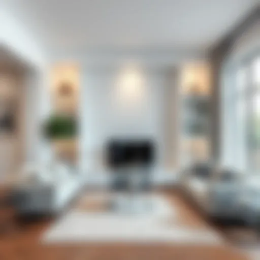 Modern Living Room with White Corner Shelving Elegant white corner shelving unit in a modern living room