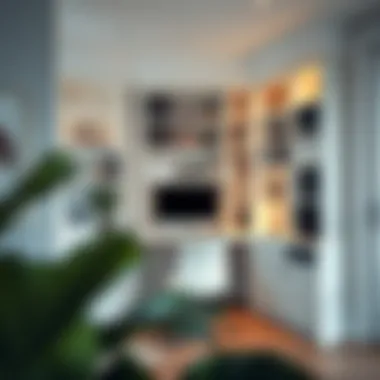 Stylish white corner shelving in a home office setting