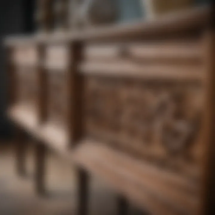 Close-up of wood sideboard table detailing craftsmanship and finish.