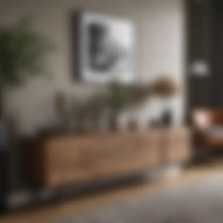 Stylish wood sideboard table in a modern living room setting.