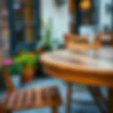 Close-up of a beautifully crafted wooden bistro table in an outdoor setting