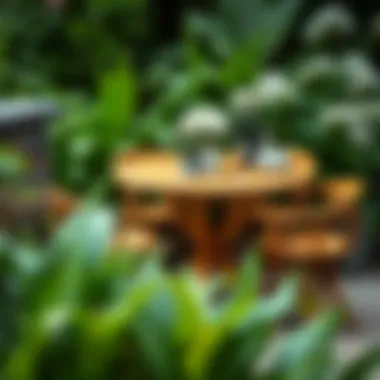 A stylish wooden bistro table surrounded by lush greenery