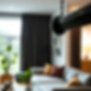 Thick black curtain rod in a cozy interior setting