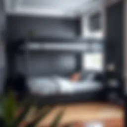 Stylish twin full bunk bed in a modern bedroom setting