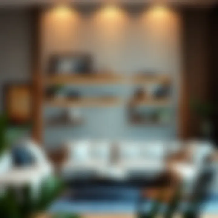 Elegant floating shelves showcasing decorative items in a modern living room setting