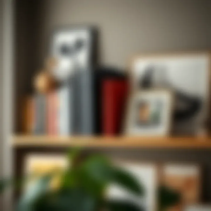 Close-up view of stylishly arranged books and art on floating shelves