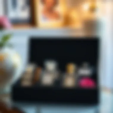 Organized perfume bottles within a stylish storage box