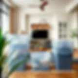 Stylish large clear bins arranged in a modern living room setting