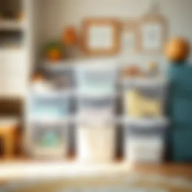 Decorative arrangement of clear storage bins in a child's playroom