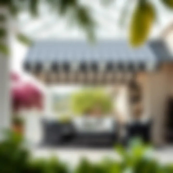 Outdoor Elegance with Striped Awnings Elegant outdoor space featuring a black and white striped retractable awning