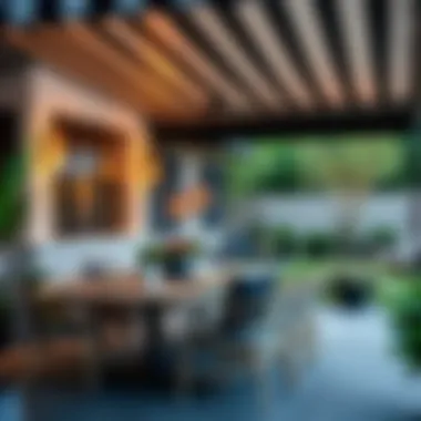 Chic Outdoor Dining Under Striped Shade Stylish outdoor dining area enhanced by a retractable awning