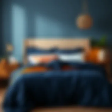 Navy blue duvet cover paired with contrasting color decor elements