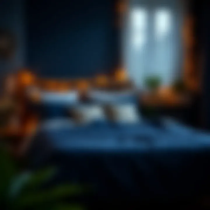 Cozy bedroom setup featuring a navy blue duvet cover and ambient lighting