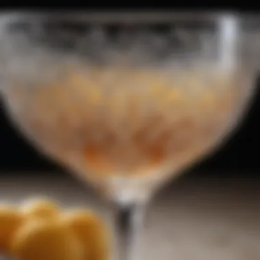 Close-up of intricate designs on a vintage coupe champagne glass