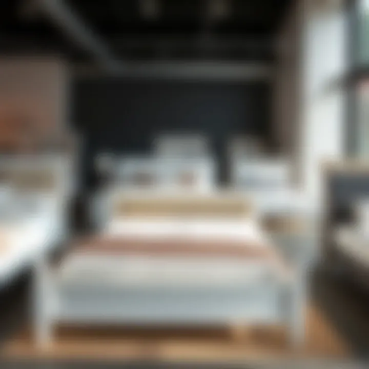 Diverse styles of white bed frames displayed in a showroom