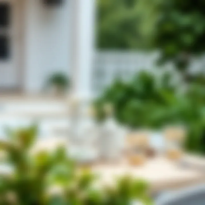 Well-decorated outdoor dining table featuring white ceramic dishes