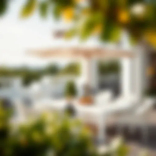 Elegant white patio dining set with a stylish umbrella