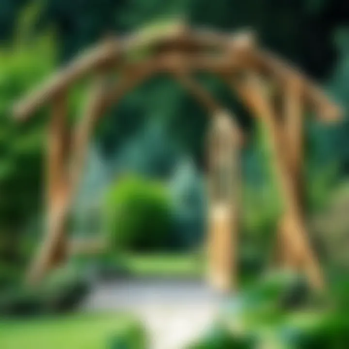 Rustic Wooden Arch Surrounded by Nature A rustic wooden extra wide garden arch in a lush green setting