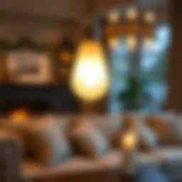 Elegant frosted vintage light bulb illuminating a cozy living room.