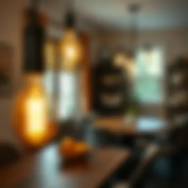 Charming Dining Area with Frosted Vintage Lighting Stylish dining area featuring frosted vintage light bulbs for ambiance.