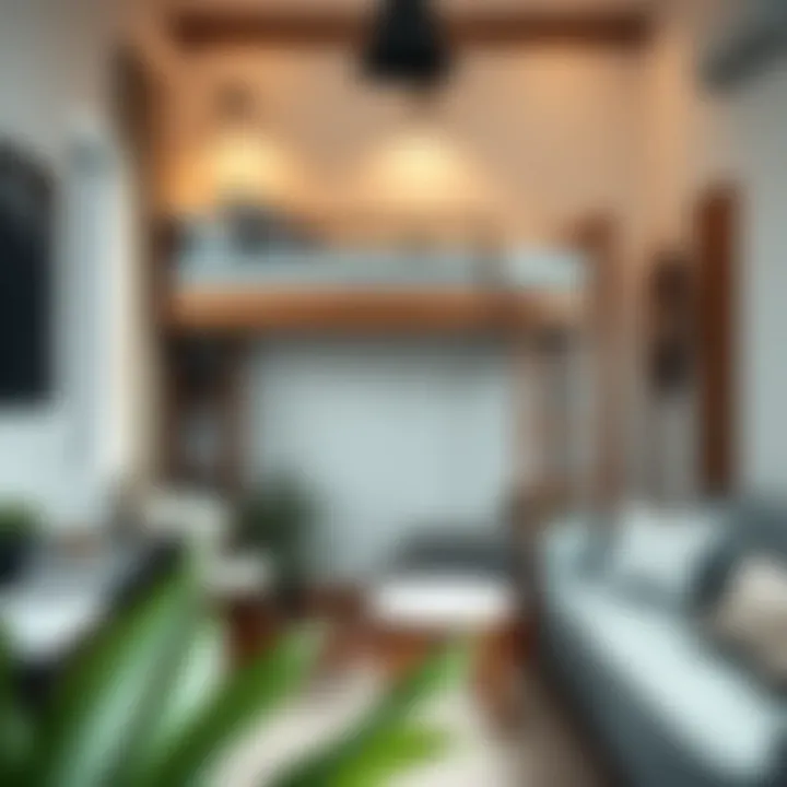 Functional layout featuring queen size loft bed and couch in a compact apartment