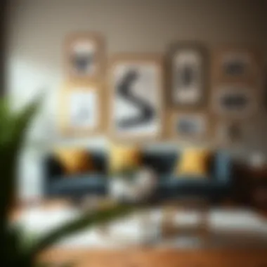 Stylish Living Room with Gold Frames Stylish living room featuring gold geometric picture frames on the wall