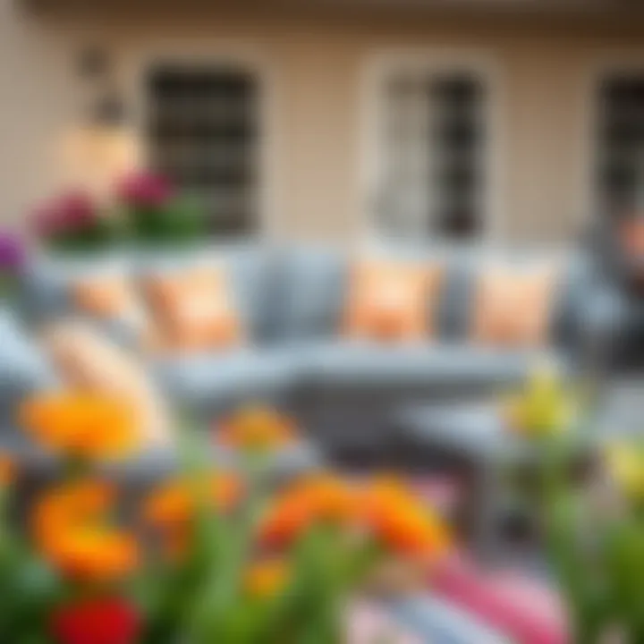 Grey wicker sofa paired with vibrant cushions in an outdoor space