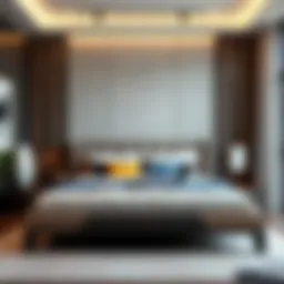 Elegant grey wood king size bed in a modern bedroom