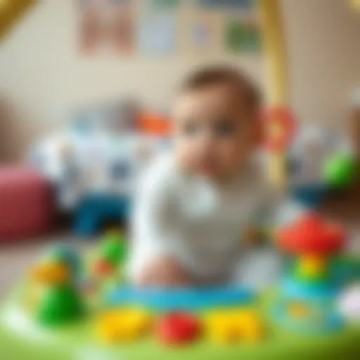 Infant playing with colorful toys on a play gym