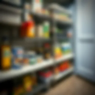 Close-up view of organized pantry shelves on rollers with various food items