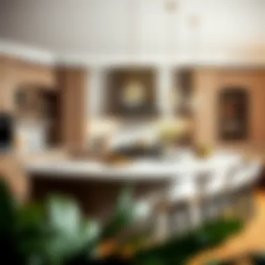 Luxurious kitchen island with integrated seating and pendant lights