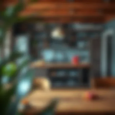 Rustic wooden kitchen island with open shelving