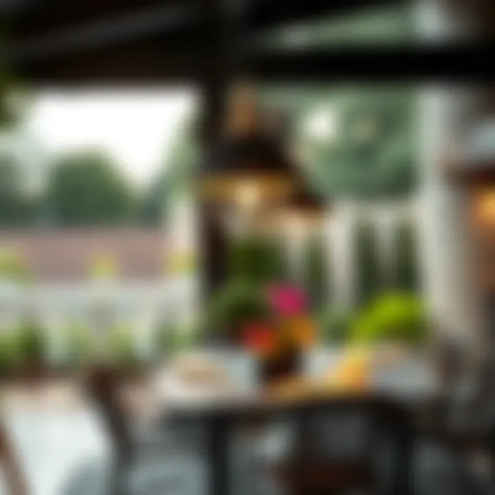 Outdoor Dining Area Ambiance Modern large gooseneck light enhancing outdoor dining area