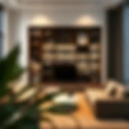 Elegant living room with modern shelving design showcasing books and decor