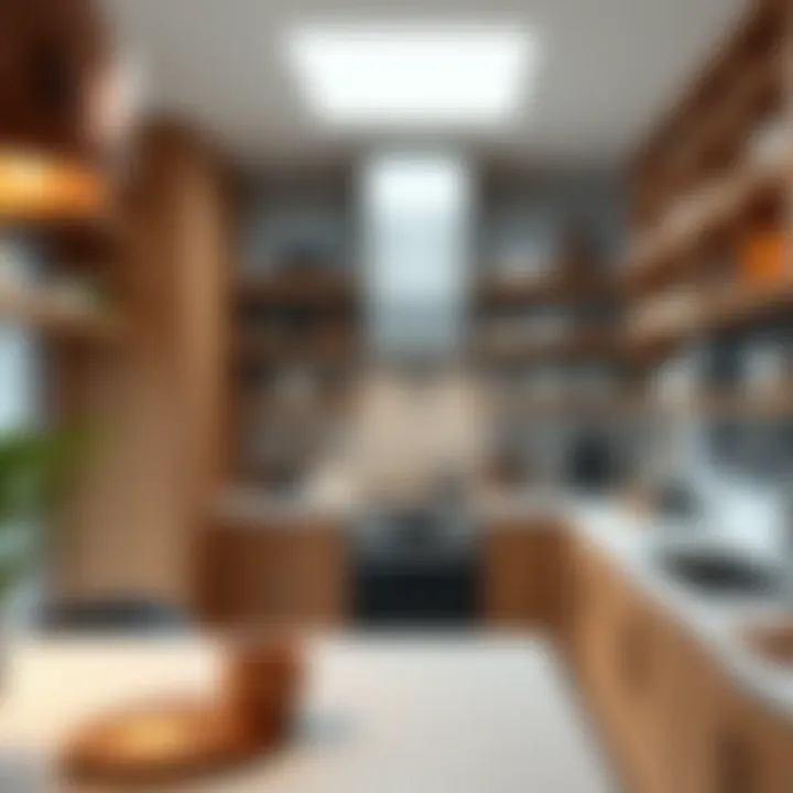 Stylish Open Shelves in a Modern Kitchen Luxurious kitchen displaying beautifully arranged open shelves with kitchenware