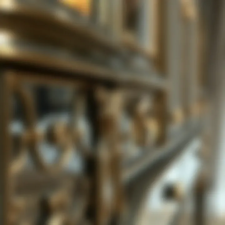 Close-up of intricate detailing on a vintage mirrored buffet cabinet