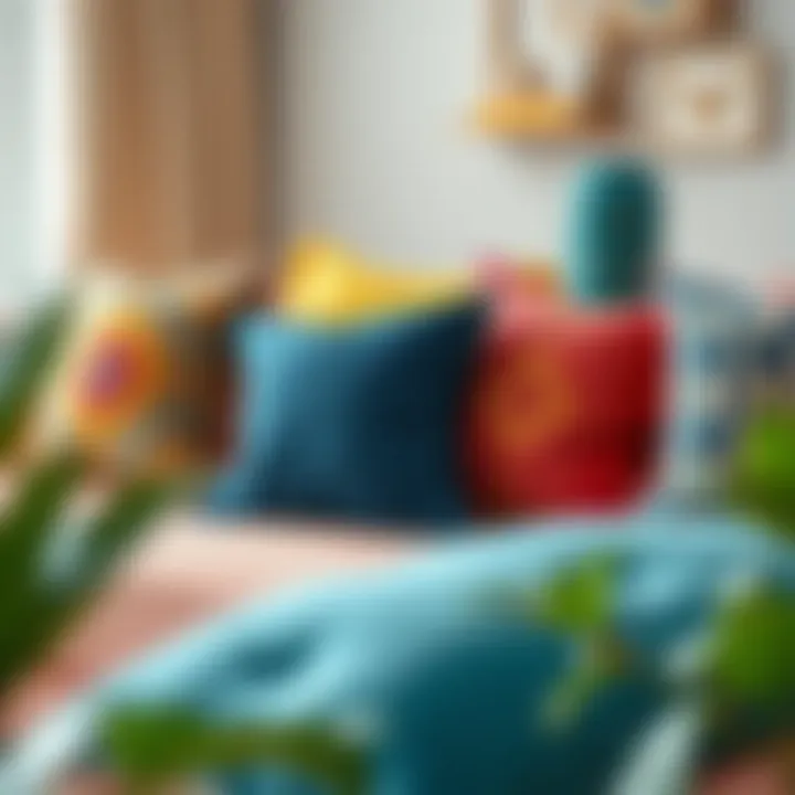 A vibrant assortment of throw pillows showcasing various colors and patterns on a stylish sofa.