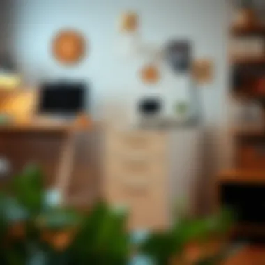 Organized workspace featuring a mobile filing cabinet