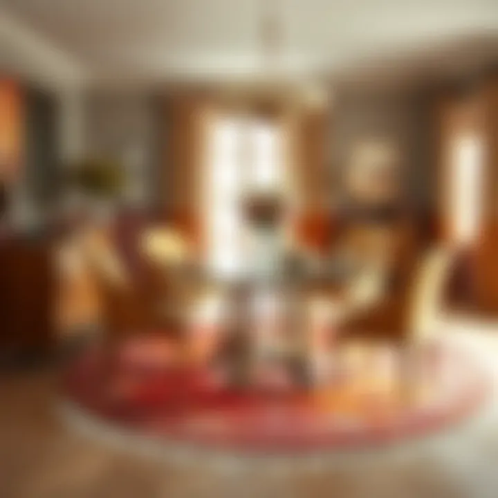 A beautifully styled dining area showcasing color coordination of rug and table